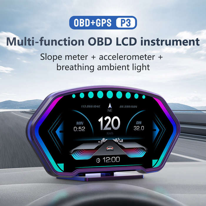 6-inch LCD Screen P3 Car Head Up Display 36 Function OBD+GPS Dual System HUD Slope Meter Acceleromet