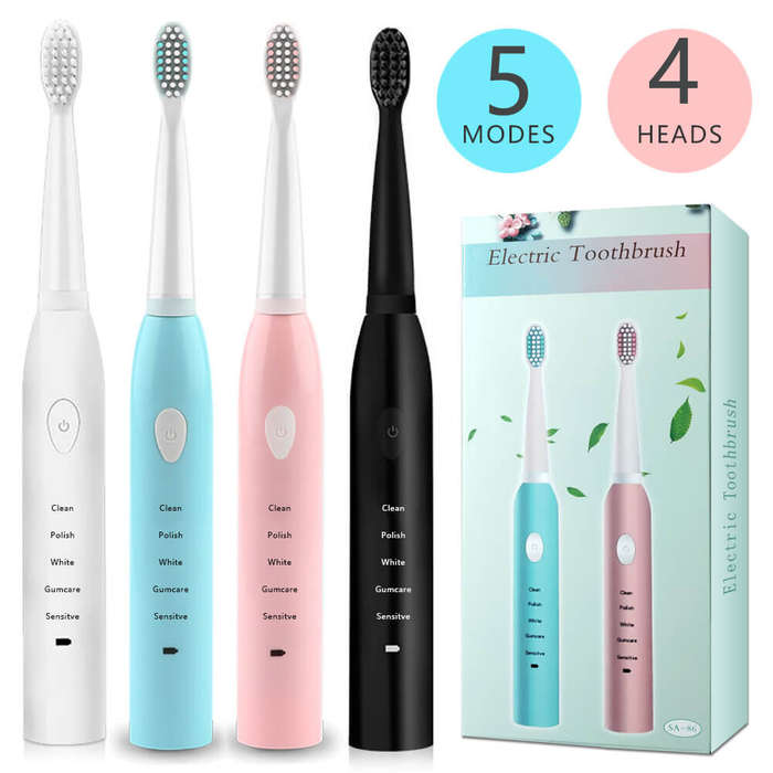 Black - IPX7 Ultrasonic Electric Toothbrush 5 Modes USB Rechargeable Sonic Automatic Teeth Cleaner w
