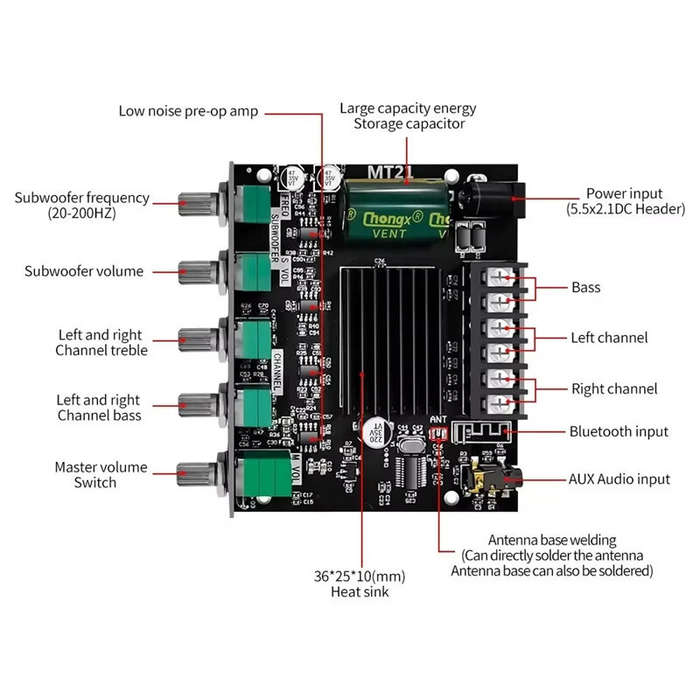Board Only - ZK-MT21 100W+2*50W 2.1 Channel Subwoofer Digital Power Amplifier Board AUX 12/24V Audio