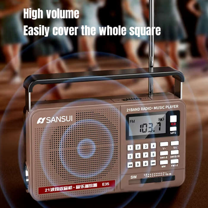 Brown - SANSUI E35 Radio Portable Digital Retro Speaker HiFi Bass Music Player with LED Flashlight F