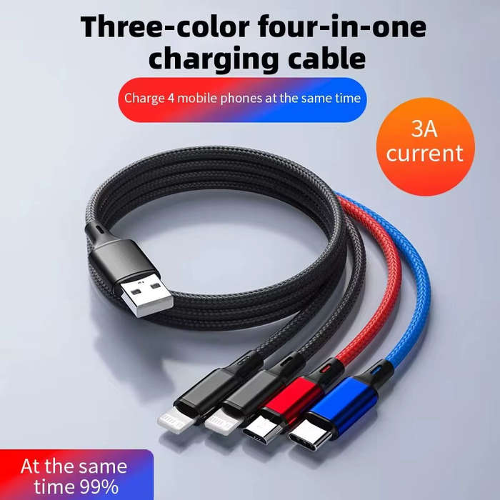 1Type-C+1Micro+2iP - 3A 4-in-1 USB-A to Type-C/Micro/iP Cable Fast Charging Tinned Copper Core Line