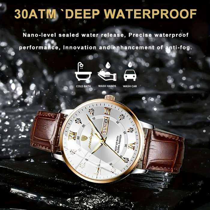 White - POEDAGAR Luxury Rhinestone Business Men Quartz Watch Calendar Week Luminous Pointer Leather