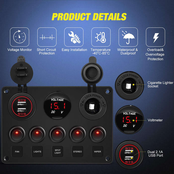 Green - Multifunctional Rocker Switch Backlit Dual USB Charger Voltage Meter 12V Socket Switch Panel