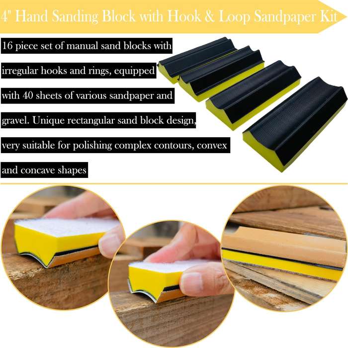 16 PCS - 16 PCS Handheld Hand Sanding Blocks Set Hook and Loop Interchangeable Design for Diverse Ap