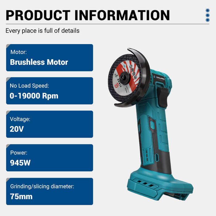 Blue - Brushless Motor Cordless Angle Grinder 20V 945W 0-19000 RPM Variable Speed 75mm Grinding Slic