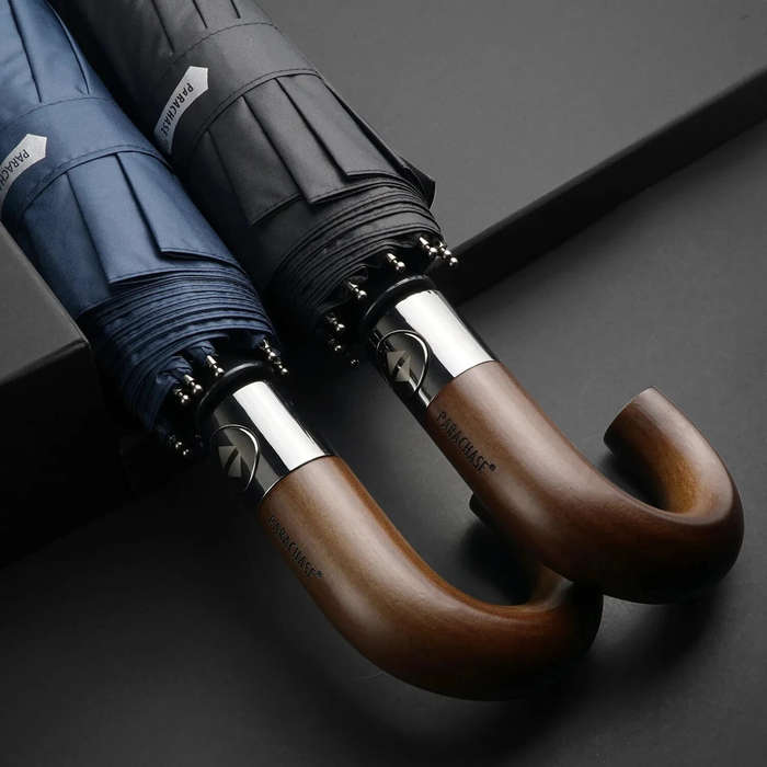 Navy Blue - Automatic 10-Rib Wooden Curved Handle Automatic Umbrella 10K Automatic Folding Umbrella
