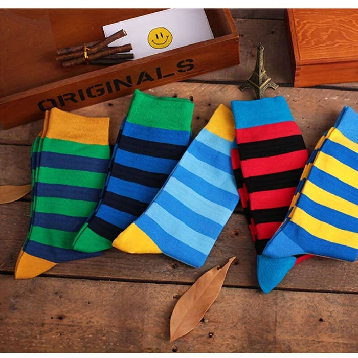 #01 - 5 Pairs Men's Colorful Striped Funny Novelty Cotton Dress Socks, Cool Design Rich Funky Crew S