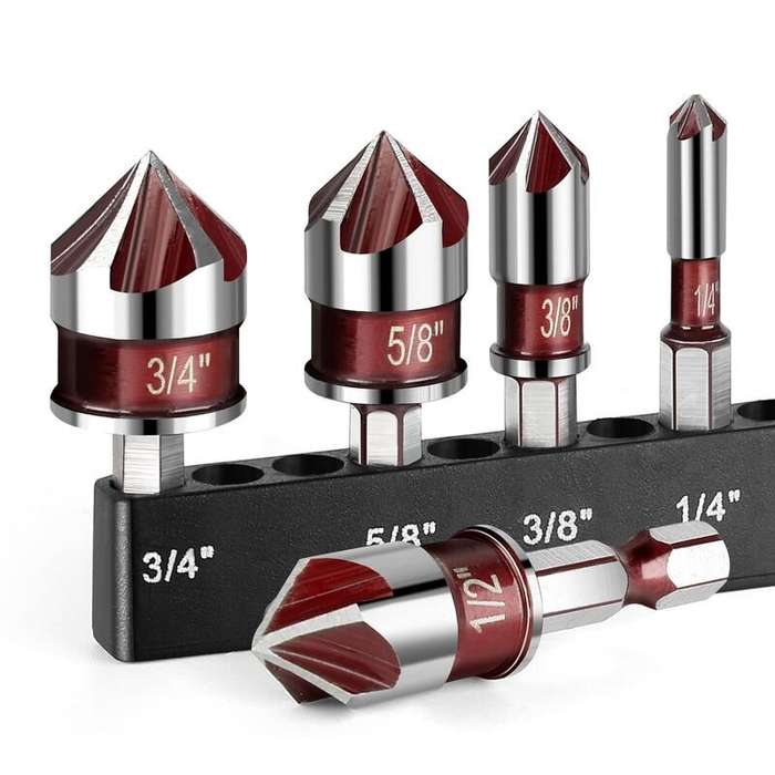 5 Pcs - Premium Steel 5 Flute Countersink Drill Bits Set Hex Shank 82 Degree Cutting Tip for Wood Pl