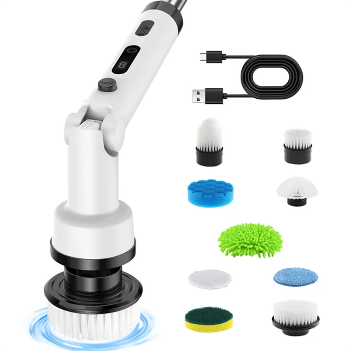 White - Foldable Rotating Cordless Long Handle Electric Cleaning Brush with 9 Heads Long Handle Elec