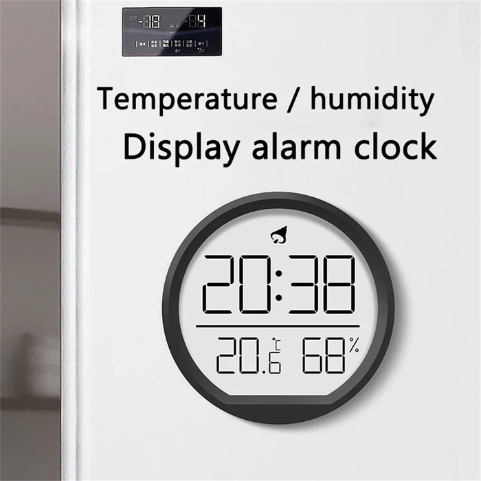 Black - Thin Magnetic Digital LED Wall Clock with Large LCD Display Date Temperature Humidity USB Po