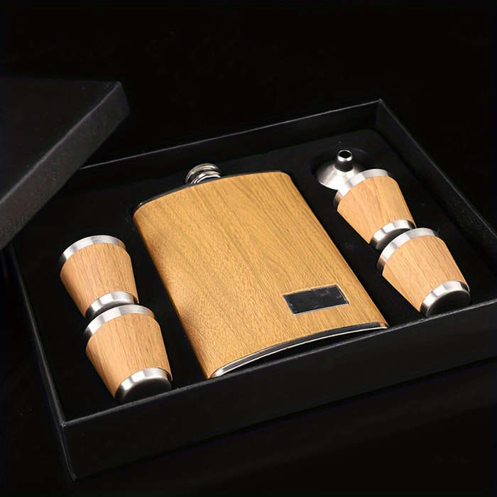 Wooden - 400ml Wood Grain Flask Set Stainless Steel Men's Small Hip Flask with Cup Funnel Metal Outd