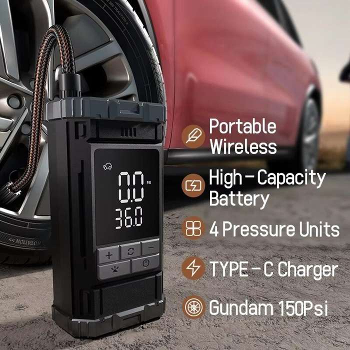 Black - Wireless Portable Air Compressor Digital Tire Inflator 150 PSI 4000mAh Rechargeable Battery