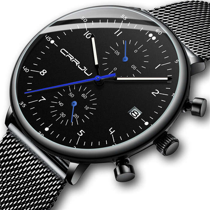 Black - CRRJU Men's Watches Luxury Fashion Large Dial Watches Stainless Steel Quartz Watch Waterproo