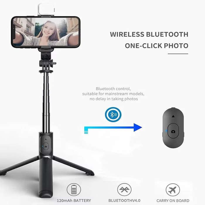 Black - Q02S bluetooth Selfie Stick with Fill Light Longer Length Universal Phone Holder for Live St
