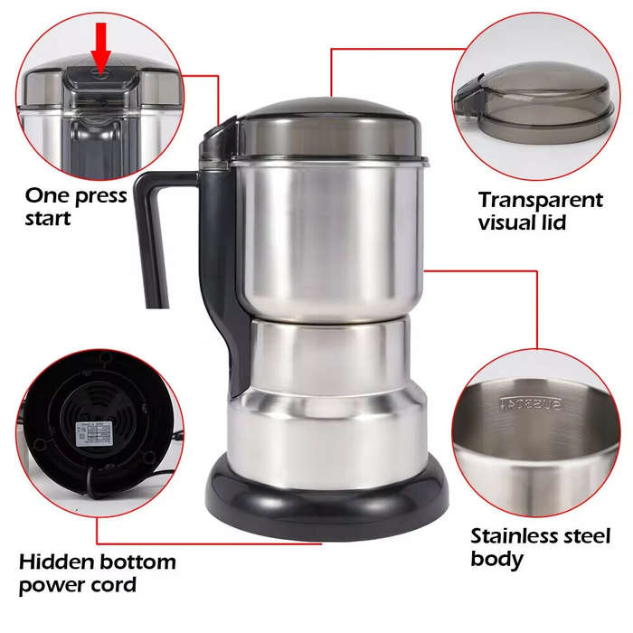 UK Plug - 400W Multifunctional Electric Coffee Grinder Adjustable Grinding Levels Stainless Steel fo