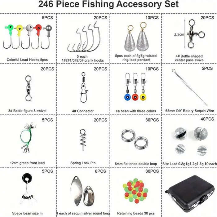 Black - Anmuka 246pcs Fishing Tackle Box Fishing Accessories Set with Fish Hooks Lead Sinker Swivel