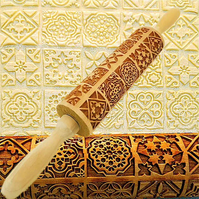 35 - 35x4.5cm Wooden Embossed Rolling Pin Biscuit Roller Christmas Baking Biscuit Cake Wooden for Pa