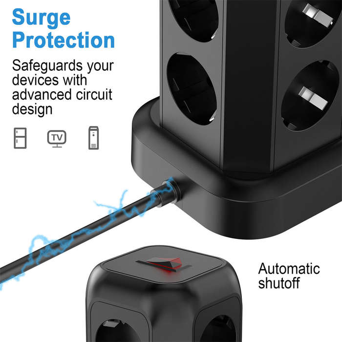 Black - T13 10A 2200W 12-in-1 Vertical Tower Power Strip with 8 AC Outlets+3USB-A+1USB-C and 1.8M Ex