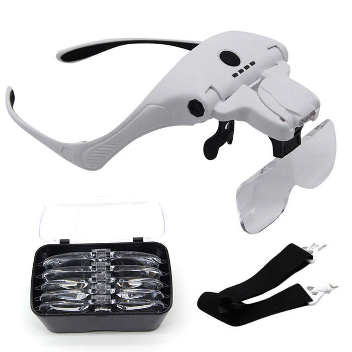 300mah Professional Magnifying Glasses with 5 Lens 1X-3.5X 4 LED Headband Magnifier Lamp USB Chargin
