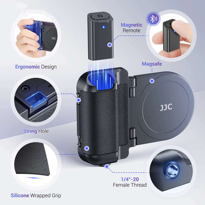 White - JJC Snapgrip Magnetic Phone Grip Stand with bluetooth Remote 17 Heavy-Duty Magnets 5.1lbs Ma