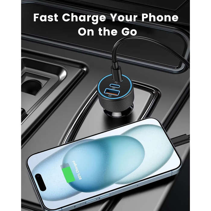 Black - 3-Port USB C Car Charger Adapter 67W Car Charger Dual USB-C & USB-A Car Power Adapter PD/QC