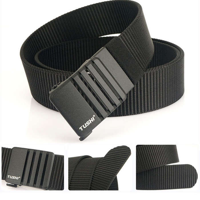 Black - TUSHI 120cm Nylon Hard Tactical Belt for Men Metal Automatic Buckle Belt Military Belt for O