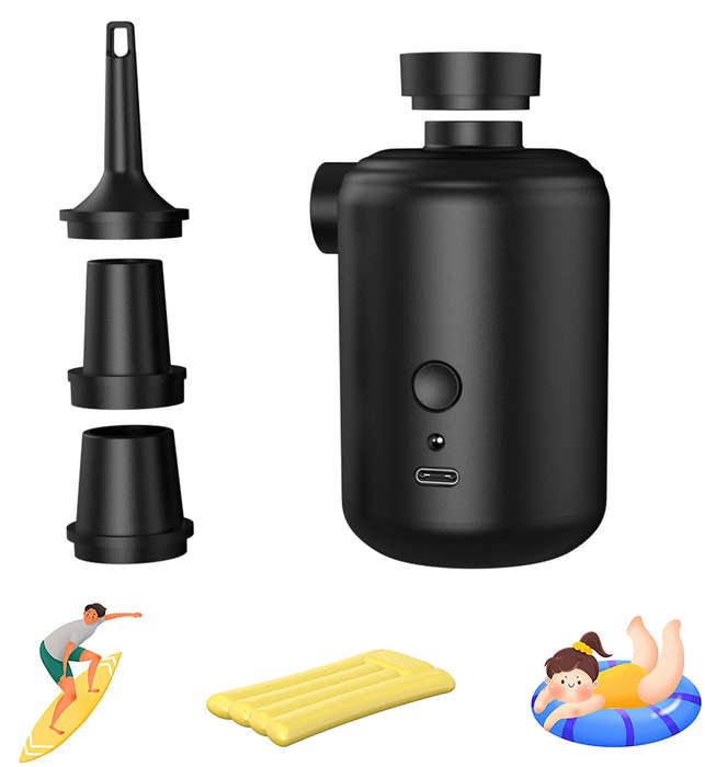 Black - 3600mAh Mini Inflator Pump Electric Air Pump with 4 Nozzles Inflator Deflator USB Rechargeab