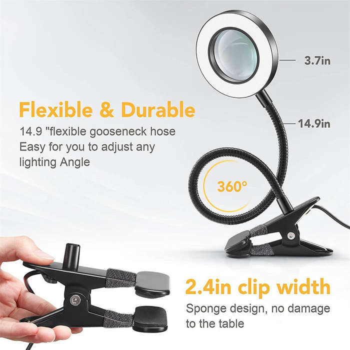 Black - 5X LED Magnifying Lamp Clip-On with USB Magnifier Adjustable Brightness and Color Temperatur