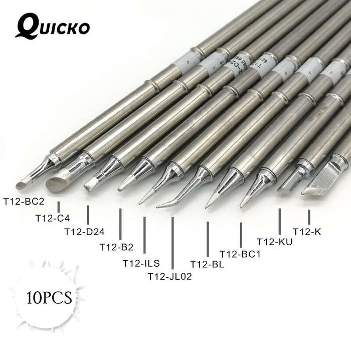 Silver - QUICKO T12 Series 10 Piece Soldering Iron Tip Set for 942 Soldering Station High Quality Ra
