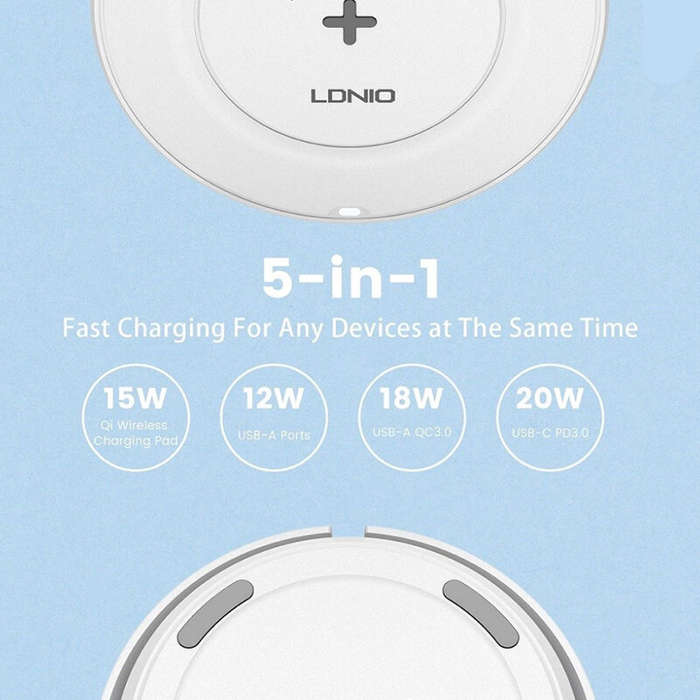 US Plug - LDNIO AW003 32W 5-in-1 Desktop Wireless Charger Charging Station with 4-Port PD/QC3.0 Fast