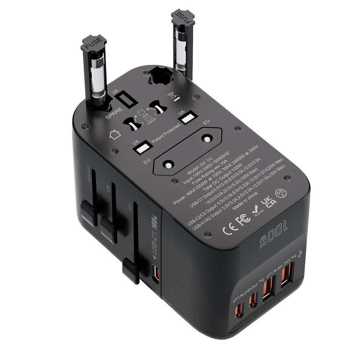 Black - Blitzwolf BW-TA2 5-in-1 Universal Travel Adapter with GaN 100W Fast Charging 2 USB-C 2 USB-A