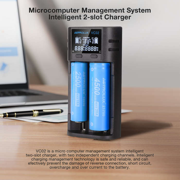 Black - Astrolux VC02 Intelligent 2-Slot LCD Battery Charger Type-C 2A Quick Charge Mix-charging of