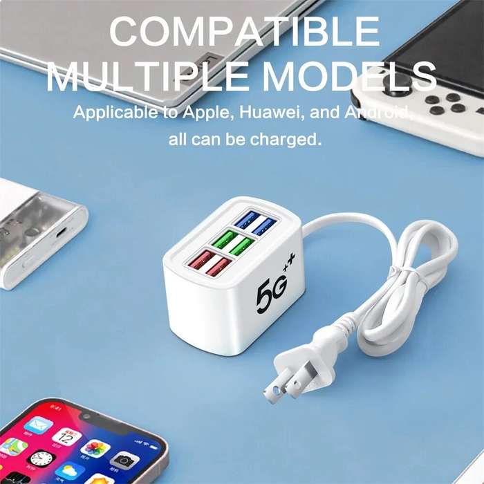EU Plug - 10A 220V 6-Port USB PD Charger Power Strip Fast Charging Desktop Charging Station EU Plug