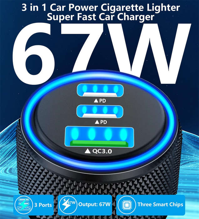 Black - 67W 3-Port USB PD Car Charger Adapter USB-A+2USB-C PD3.0/2.0 QC4.0+/03.0/2.0 Support PPS FCP