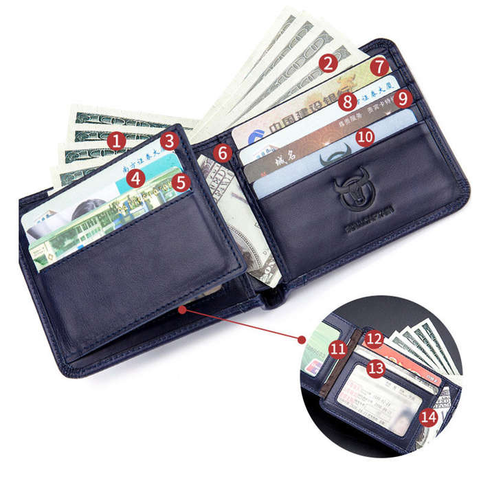 Coffee - BULLCAPTAIN Genuine Leather Trifold Wallet Mens Large Capacity Credit Card Holder with 14 C