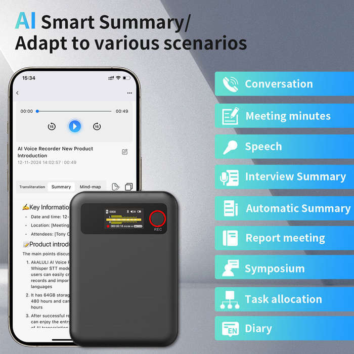 Black - L8 64G AI ChatGPT Recorder Real Time Transcription APP Control Portable Voice Recorder Voice