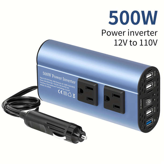 Black - 500W Peak Car Power Inverter DC 12V to AC 110V LCD Display Dual AC Outlets 4 USB Car Charger