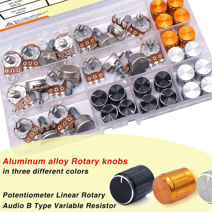 Kit - 60PCS WH148 Potentiometer Switch Kit B5K/10K/20K/50K/100K Ohm 15mm Shaft with Black/Silver/Gol