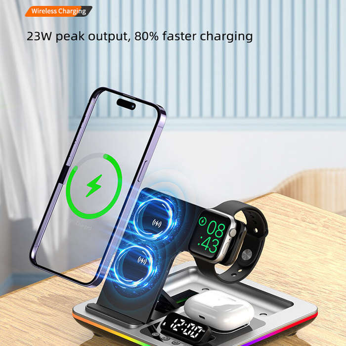 Silver - XJCX A93 5-in-1 15W Foldable RGB Wireless Charger with Digital Display Time & Alarm Clock F