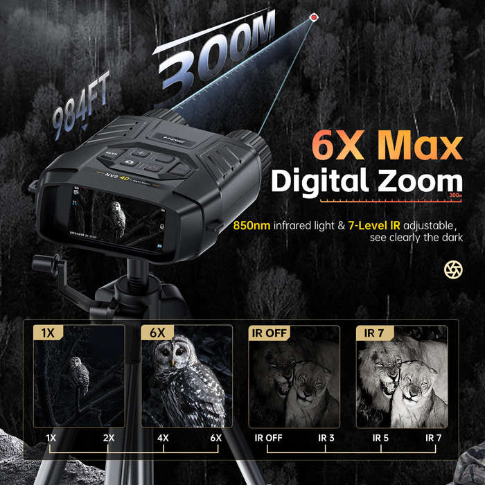 Black - FNIRSI NVS-40 Night Vision Device 4K Full Color HD 6X Digital Zoom 300m Observation Distance