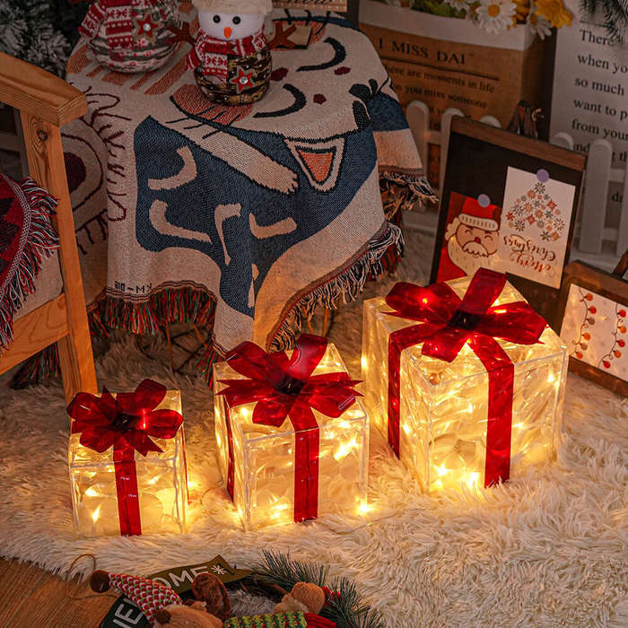 3 - 3 Sets Of Christmas Transparent Warm Light With Red Bow Christmas Gift Box LED Decorative Lights