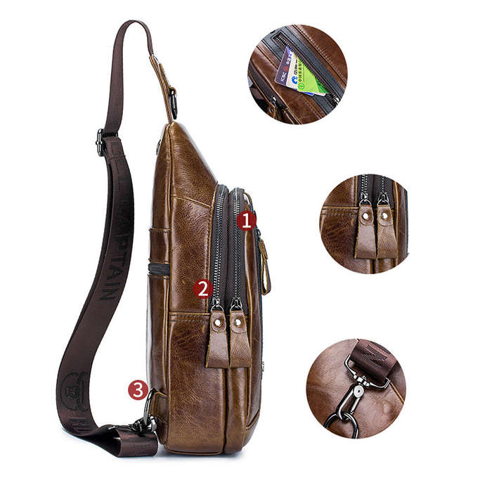 Brown - BULLCAPTAIN Men Genuine Leather Chest Bag Multi-pockets Compartment Fashion Casual Shoulder