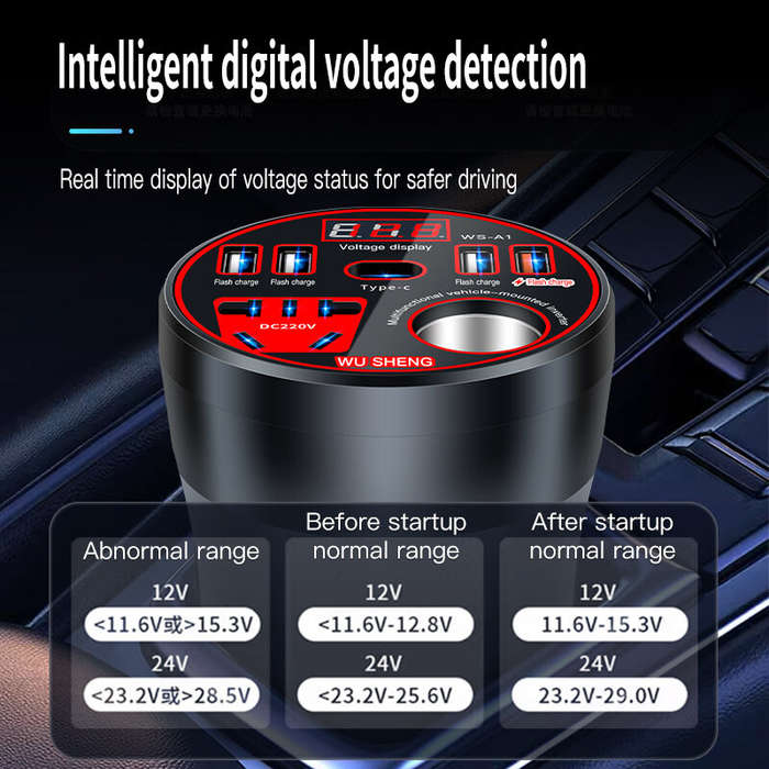 Red - 12V 24V to 220V Power Inverter with Multi-function Car Socket Charger Fast Charging for Mobile
