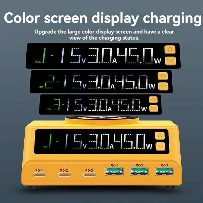EU Plug - WLX-M9A 110W 6-Port USB PD Charger 3USB-A+3USB-C PD QC3.0 Fast Wireless Charging with Digi