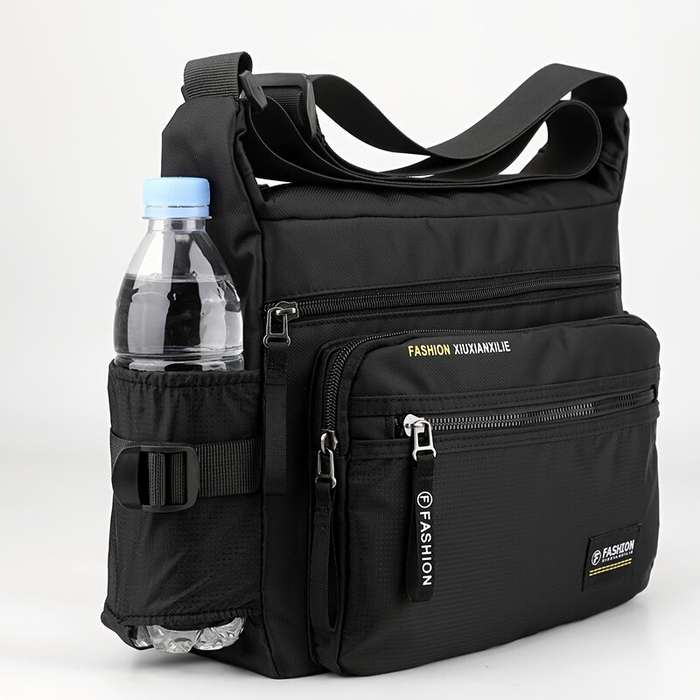 Black - Waterproof Nylon Men Crossbody Bag Large Capacity Multiple Pockets Zipper Shoulder Bag Fashi