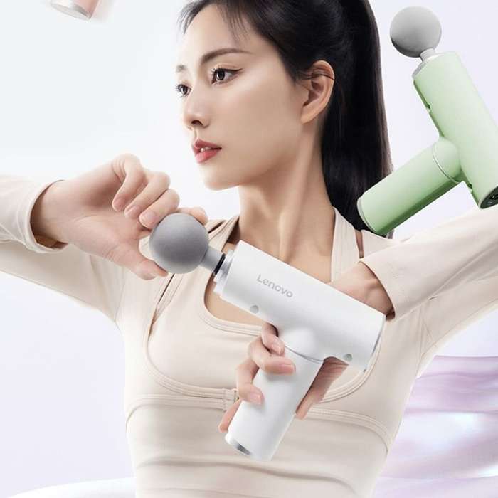 White - Lenovo Portable Lightweight N2 Fascia Gun 3200 RPM Massage Device with 6 Attachments and 5 A