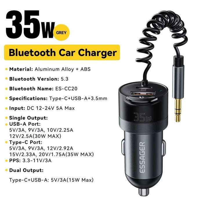Grey - ESSAGER ES-CC20 bluetooth V5.3 FM Transmitter 35W PD + QC3.0 USB Car Charger Wireless Radio A