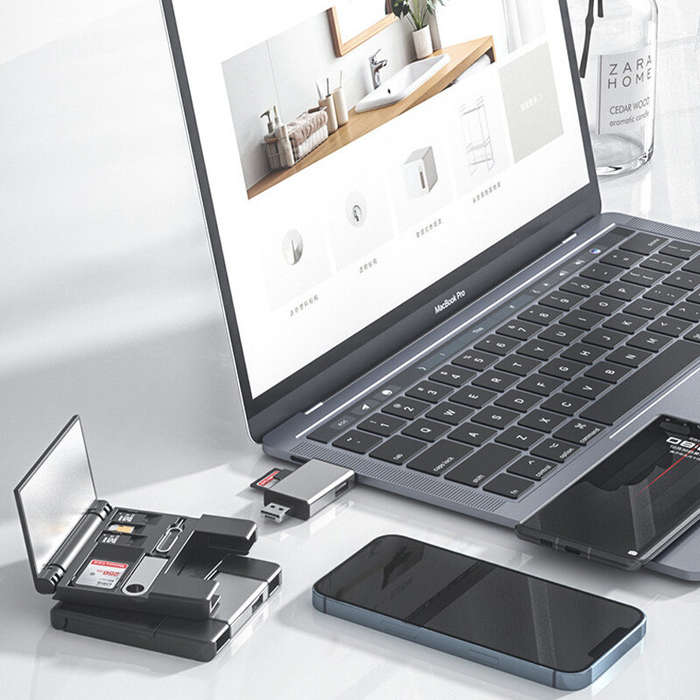 Grey - 7-in-1 Multifunctional Card Reader Storage Box SD Card Micro SD Card Case OTG Adapter USB2.0