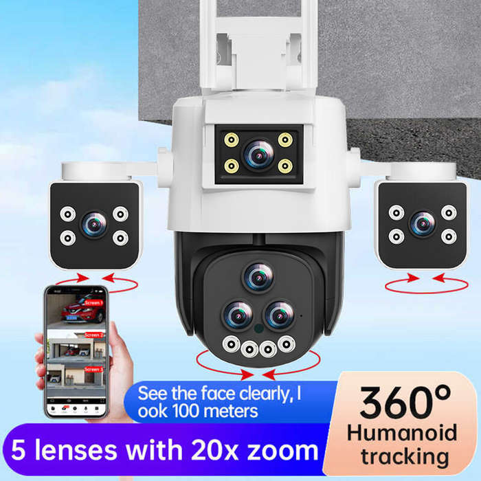 EU Plug - 5 Lens Panoramic Surveillance Camera 20x Optical Zoom 360 PTZ 200W Pixel WiFi Camera Color