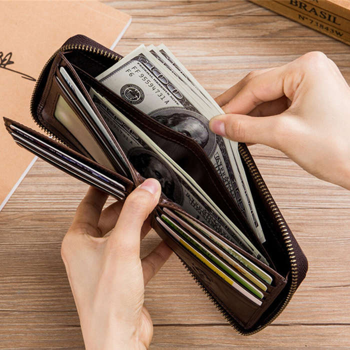 Black - BULLCAPTAIN Men's Genuine Leather Wallet Horizontal Zipper Multi-card Design Business Card H